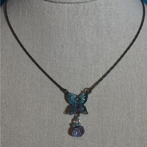 Satellite Paris vintage necklace butterfly beaded crystal dangle brass 15-18”